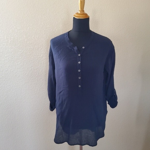 Three Dots Henley Semi Sheer Gauze Tunic Top M Navy Blue New - Picture 10 of 16